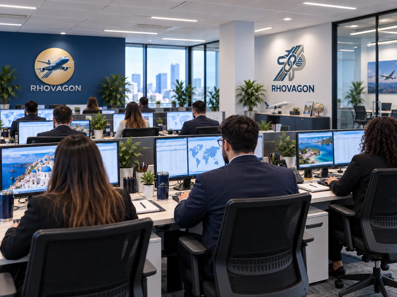 Ambiente conceitual da Rhovagon com pessoas em estações de trabalho, monitores e os dois logos nas paredes.